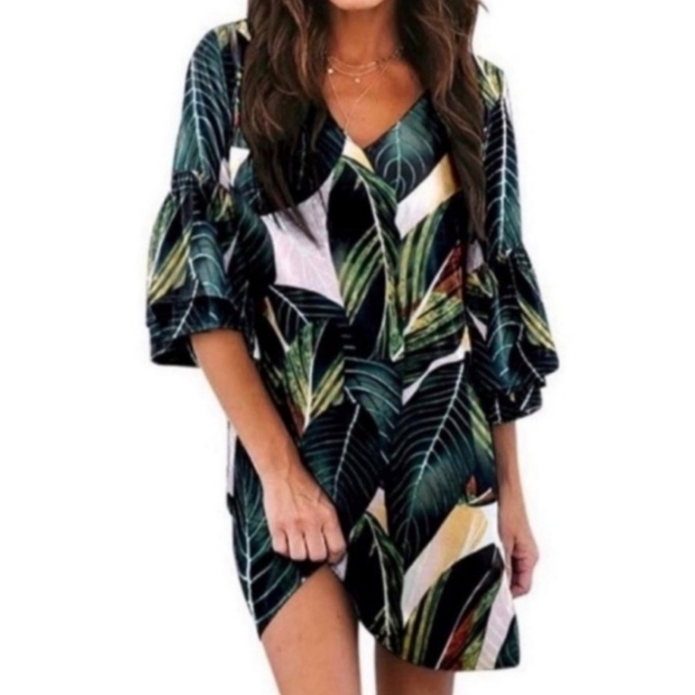 Belongsci Tropical Leaf Print, Chiffon Bell Sleeve Dress, Size S